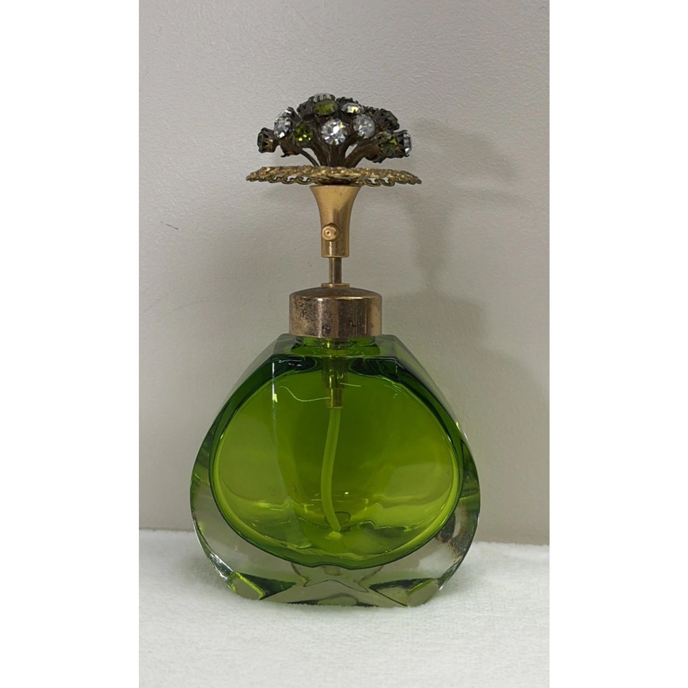 Vintage DeVilbiss Perfume Bottle – Green Glass with Rhinestone Floral Top Vanity